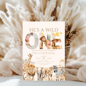Safari Animal Birthday Invitation,Editable Wild One Boy Birthday Invitation,1st Birthday Invite with Photo, Boho First Birthday Jungle 1st