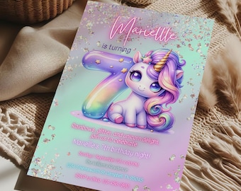 May include: A colorful invitation with a rainbow unicorn and the text "Marielle is turning 7". The invitation has a glittery background and says "Rainbows, glitter, and unicorn delight. Join us to celebrate Marielle's 7th birthday night!"