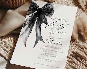 Adult Birthday Invite, 40th Birthday Invite, Fortieth Birthday Invitation, Coquette Black Bow 40th Invitation, Coquette Birthday Invitation