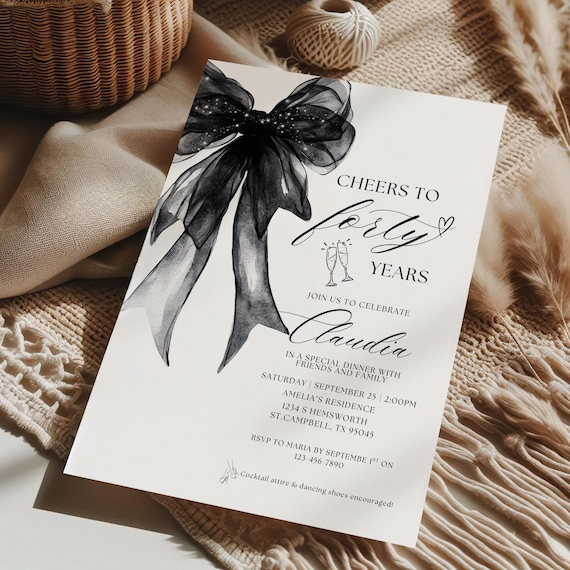 Adult Birthday Invite, 40th Birthday Invite, Fortieth Birthday Invitation, Coquette Black Bow 40th Invitation, Coquette Birthday Invitation