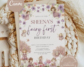 Faire-part premier anniversaire fée modifiable Faire-part d'anniversaire jardin de fleurs sauvages, 1er anniversaire fête d'anniversaire invitation, floral pastel doux