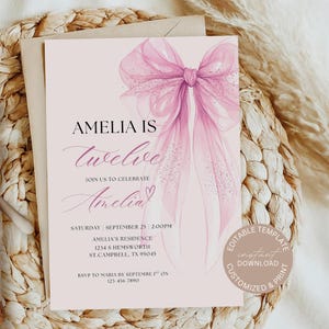 Coquette 12th Birthday Invitation , Tween Pink Bow 12th Birthday, Pink Bow Template, Editable Pink Bow Digital Invite, Girl Birthday Party