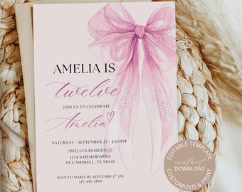 Pink Bow 12th Birthday Invitation: Editable Coquette Party Invite (Digital Download)