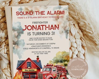 Fire Truck Birthday Invitation Template: Fireman Party (Digital Download)