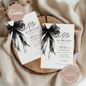 Puede incluir: Invitación de cumpleaños en blanco y negro con un gran lazo negro y purpurina dorada. La invitación dice "Fifty & Fabulous! You're invited to a golden celebration for Andrea's 50th Birthday".