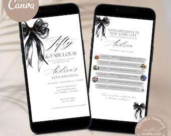 Adult Birthday Invite, 50th Birthday Invite, Fiftieth Birthday Invitation, Coquette Black Bow 50th Invitation, Black Bow Fiftieth Invitation