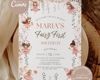 Faire-part premier anniversaire fée modifiable Faire-part d'anniversaire jardin de fleurs sauvages, 1er anniversaire fête d'anniversaire invitation, floral pastel doux