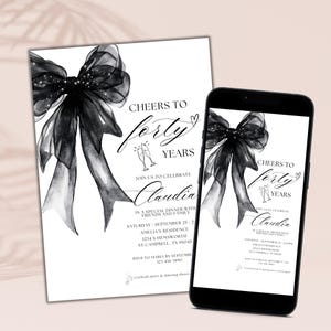 Erwachsenen Geburtstag einladen, 40. Geburtstag einladen, vierzigsten Geburtstagseinladung, Coquette Black Bow 40.Einladung, Coquette Geburtstagseinladung Bild 4