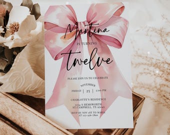 Pink Bow 12th Birthday Invite, 12th Birthday Invite, Pink Birthday Invite, Teen Birthday Invite, Bow Theme Invitation