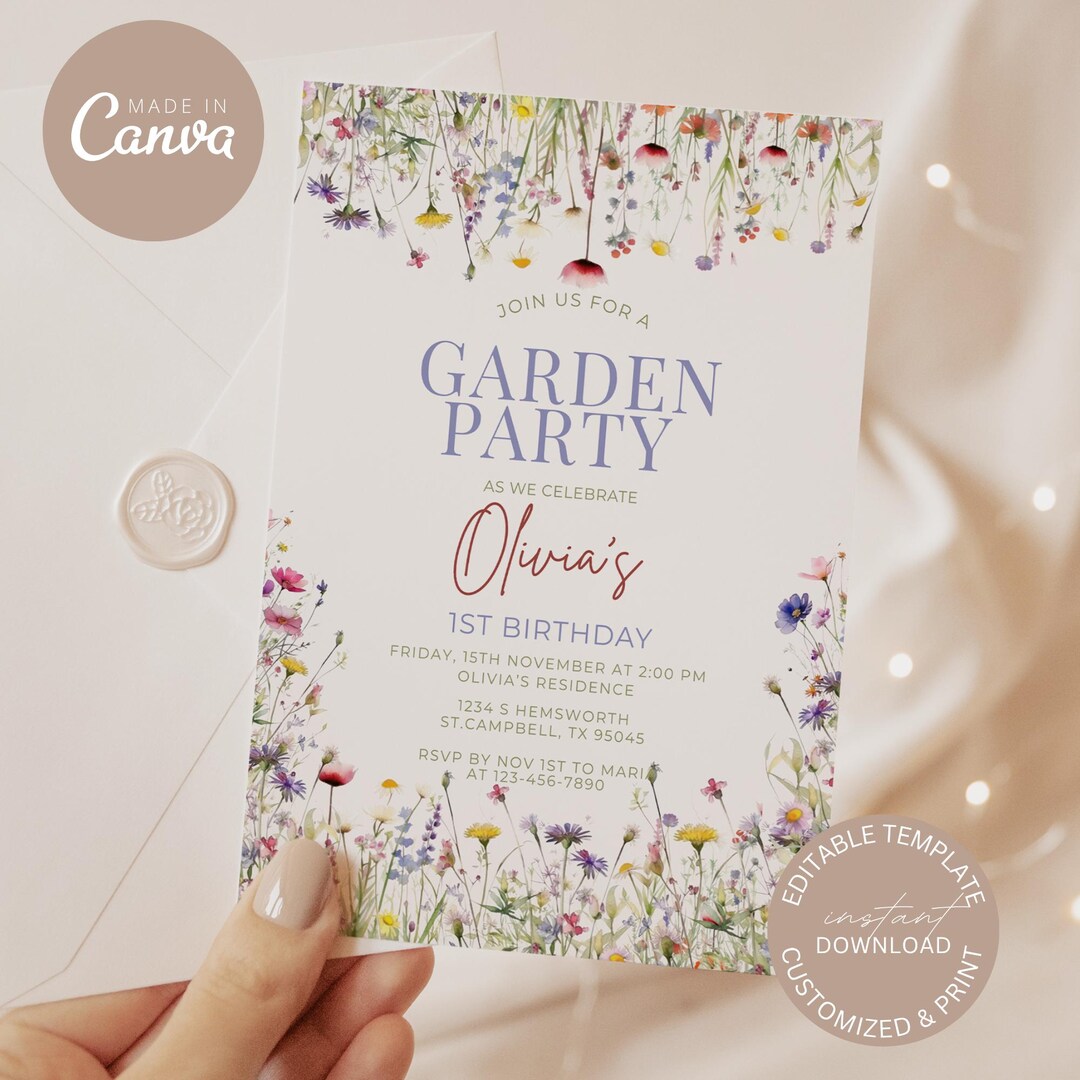Wildflower Garden Birthday Invitation, Editable Floral Canva Template ...