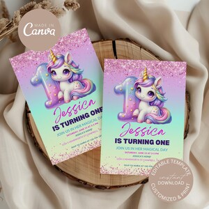 Unicorn 1st Birthday Invitation: Pastel Rainbow, Girl Party (Digital File)
