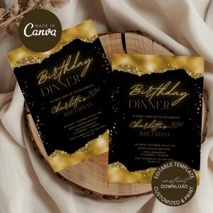 Gouden verjaardagsuitnodiging, verjaardagsdiner, zwart en goud dinerverjaardagsuitnodiging, tekst verjaardagsuitnodiging, uitnodiging voor verjaardagsfeestje