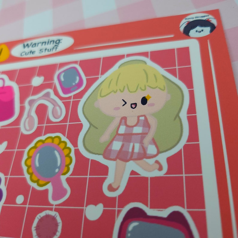 Cute Doll Kawaii Stickers Pink Aesthetic Decal, Colourful Paper Doll