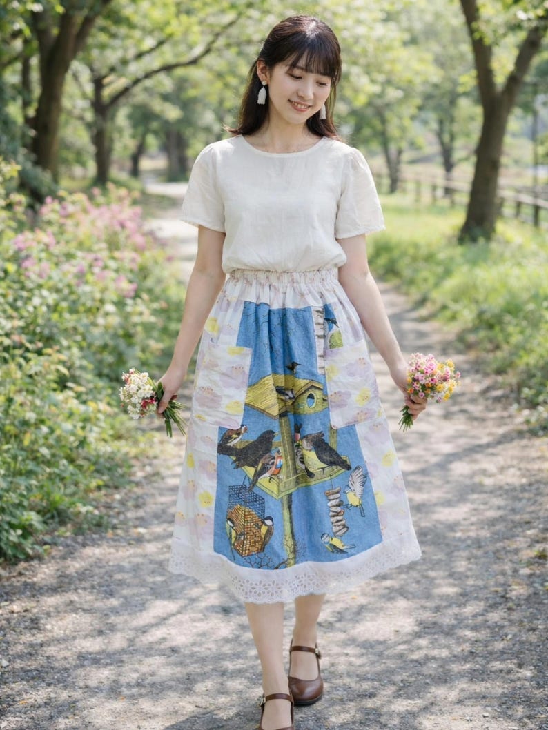 May include: A woman wearing a white short-sleeved blouse and a midi skirt with a birdhouse design. The skirt features a blue panel with bird illustrations and a white lace hem. She holds small bouquets of flowers.