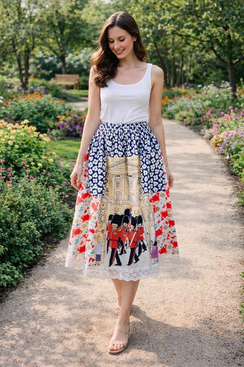 May include: A-line skirt with a white tank top. The skirt features a navy blue floral pattern, a scene of the Buckingham Palace guards, and a red and white crab print. The skirt has a white lace trim.