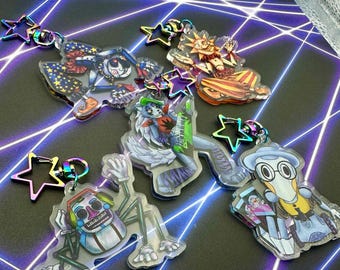 FNAF Keychains. 2.5" acrylic charms. map bot, sundrop, moon drop, dj music man, roxy