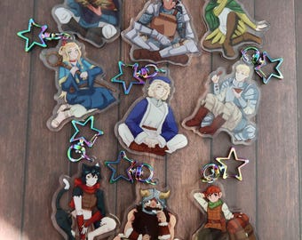 Dungeon Meshi Keychains. 2.5" acrylic keychains. Laios, Thistle, Kabru, Mithrun, Chilchuck, Senshi, Marcille, Falin, Izutsumi.