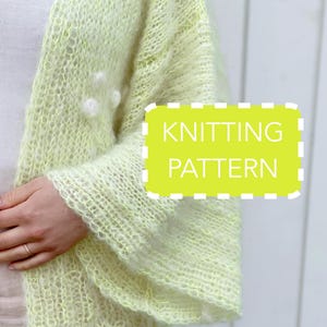 Könnte beinhalten: Ein hellgrüner Strickcardigan mit lockerer Passform und einem zarten Lochmuster. Der Cardigan hat einen leicht überdimensionalen Look und einen dezenten Glanz. Der Text "KNITTING PATTERN" ist auf dem Bild zu sehen.