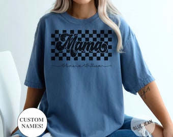 Checkered Personalized Mama Shirt, Mom Tshirt With Kids Name, Mum Life Shirt, Custom Mom Birthday, Mother’s Day Gift, Comfort Colors® Tee