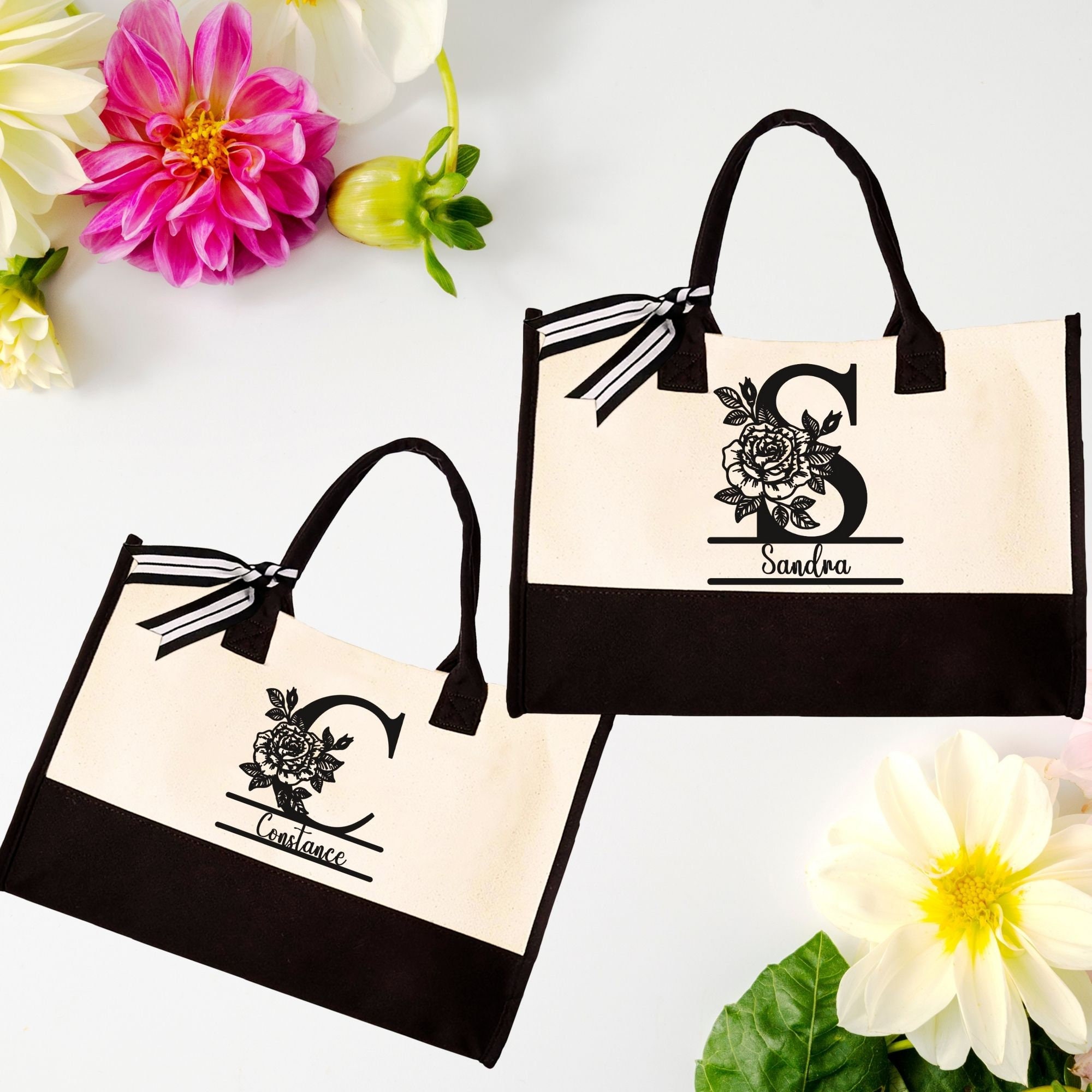 Custom Floral Initial and Name Cotton Canvas Tote Bag Bachelorette Party Beach Totes Bridal  Personalized Tote Bag Birthday Gift for Her