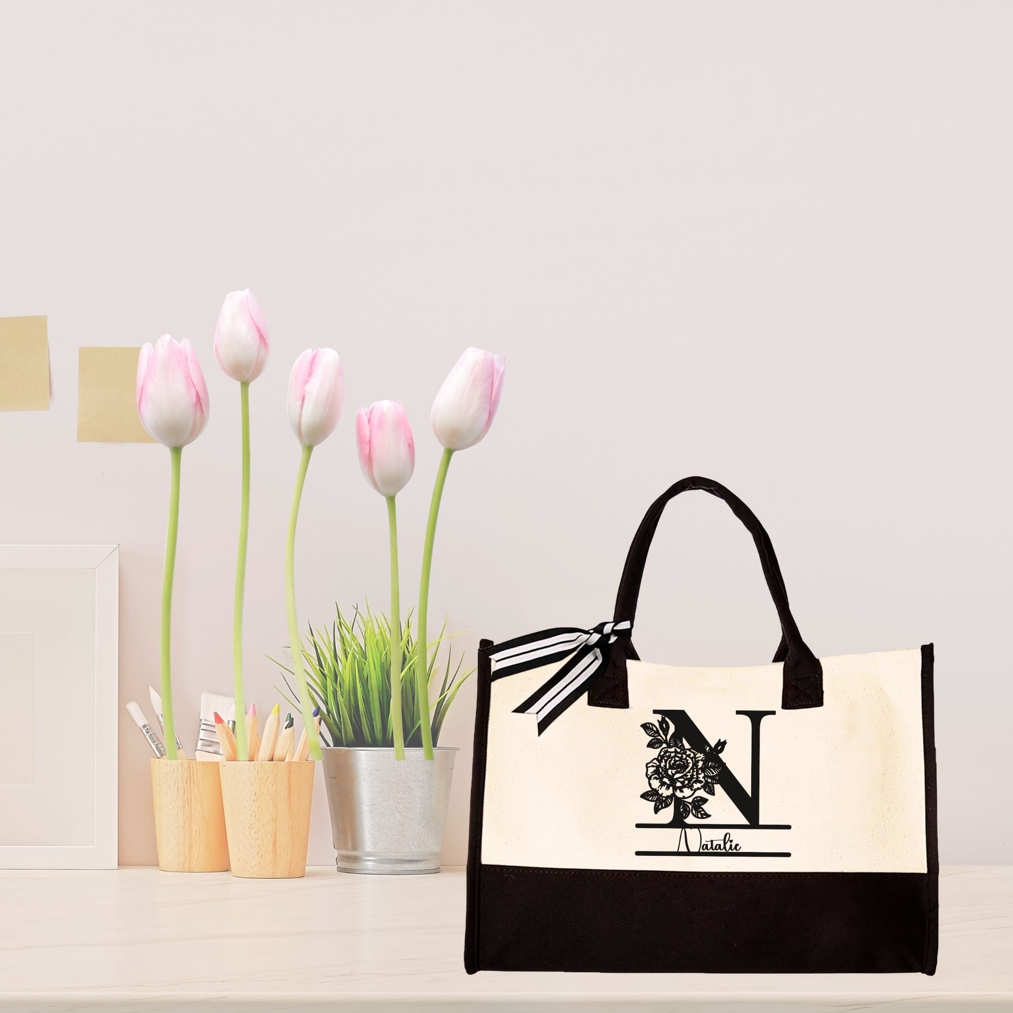 Custom Floral Initial and Name Cotton Canvas Tote Bag Bachelorette Party Beach Totes Bridal  Personalized Tote Bag Birthday Gift for Her