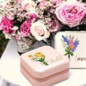 Portagioielli natalizio personalizzato, portagioielli in pelle personalizzato, design colorato con fiori di nascita, organizer da viaggio per gioielli, regalo per damigelle d'onore