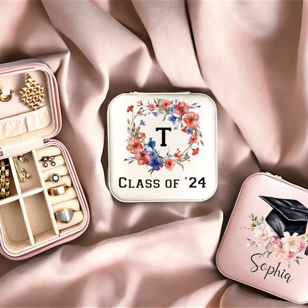 Graduation Gift Jewelry Case, Personalized Custom Grad Jewelry Box, Gift for Girls, Leather Jewelry Organizer, Gift for Her