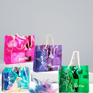 Custom Transparent Birth Flower  Name PVC Tote, Electric Love Theme Bachelorette Tote, Retro Clear Beach Neon Bachelorette Favors,