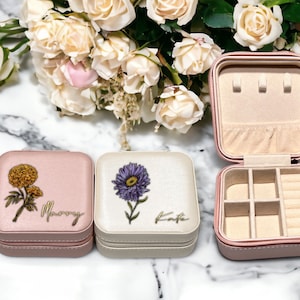 Portagioielli natalizio con fiore di nascita personalizzato, portagioielli in pelle personalizzato, regali per la festa della mamma, regalo per lei, organizer da viaggio per gioielli