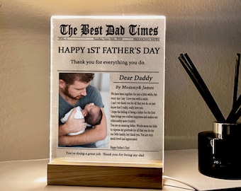 Personalized Night Light Gift for Father&#39;s Day, Custom Photo Collage LED Light for Home Decor, First Time Dad Gift, Newspaper design