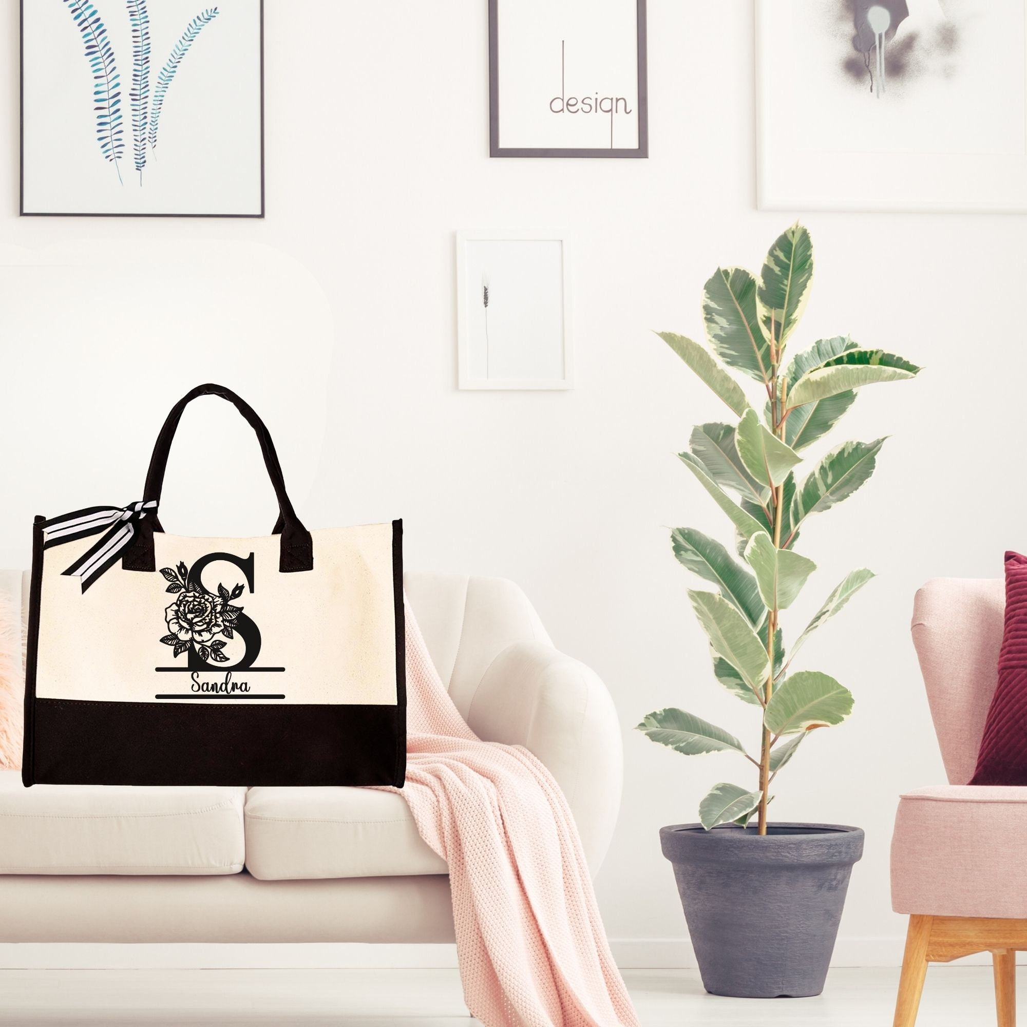 Custom Floral Initial and Name Cotton Canvas Tote Bag Bachelorette Party Beach Totes Bridal  Personalized Tote Bag Birthday Gift for Her