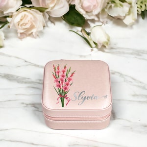 Portagioielli natalizio personalizzato, portagioielli in pelle personalizzato, design colorato con fiori di nascita, organizer da viaggio per gioielli, regalo per damigelle d'onore