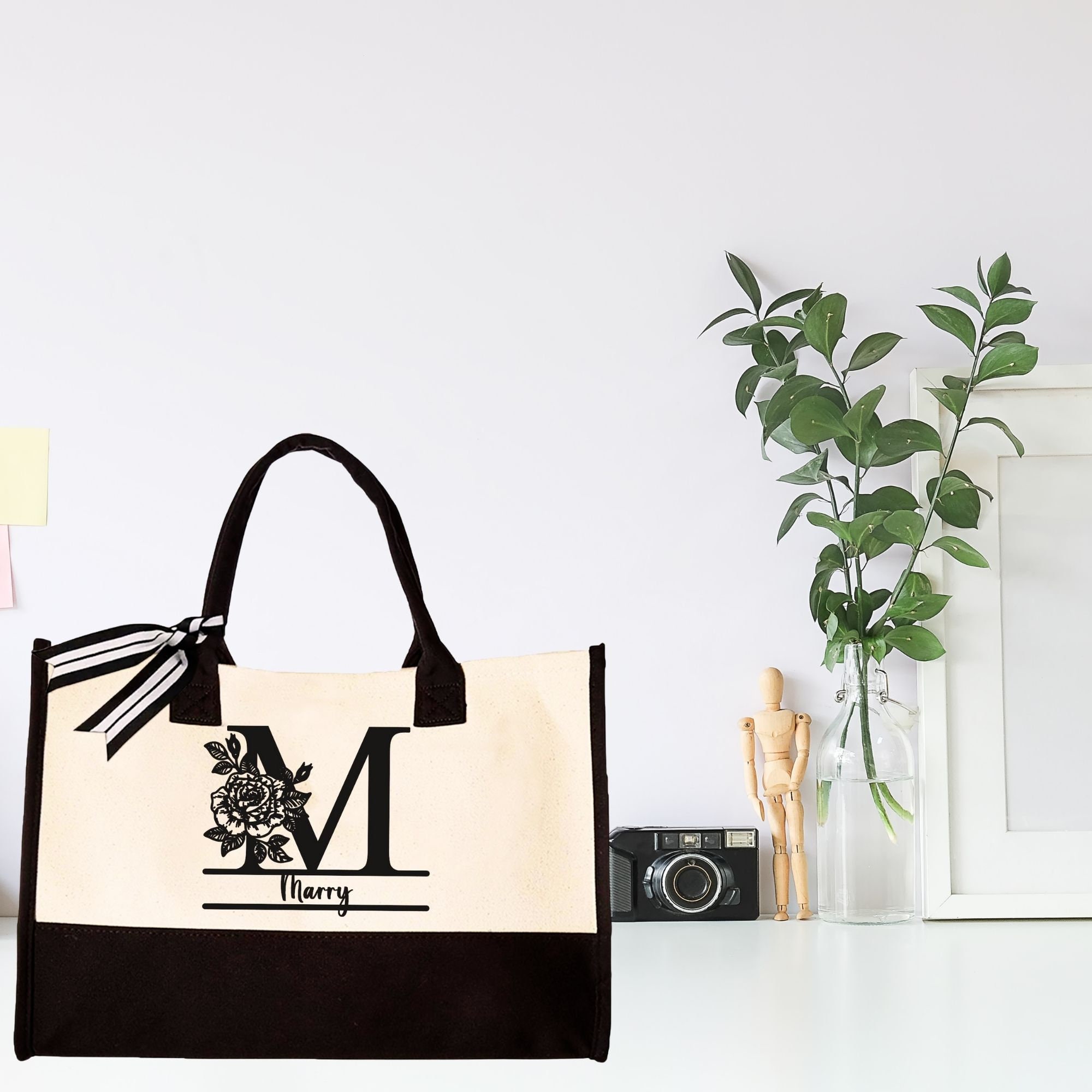 Custom Floral Initial and Name Cotton Canvas Tote Bag Bachelorette Party Beach Totes Bridal  Personalized Tote Bag Birthday Gift for Her