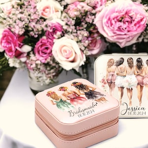 Custodia per gioielli personalizzata per addio al nubilato, custodia per gioielli in pelle personalizzata, regali per la festa della mamma per lei, organizzatore di gioielli da viaggio, regalo per damigella d'onore