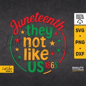 Puede incluir: Diseño digital con el texto "Juneteenth they not like US 1865" en rojo, verde y amarillo. El diseño incluye estrellas y un semicírculo con los colores de la bandera panafricana. Incluye formatos de archivo SVG, PNG y DXF.