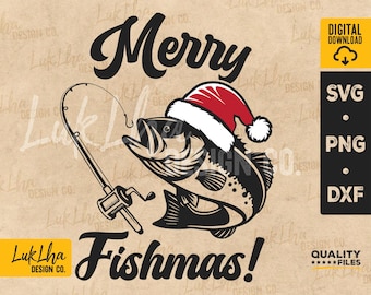 Puede incluir: Una ilustración en blanco y negro de un pez con un gorro de Papá Noel rojo. El pez sostiene una caña de pescar. El texto "Merry Fishmas!" está escrito debajo del pez.