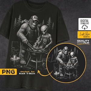Imagem PNG de churrasco alienígena do Pé Grande, Sasquatch engraçado acampando, sublimação para amantes de churrasco, download digital