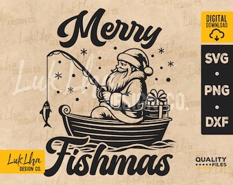 Puede incluir: Ilustración en blanco y negro de Santa Claus pescando desde un barco con el texto "Merry Fishmas".