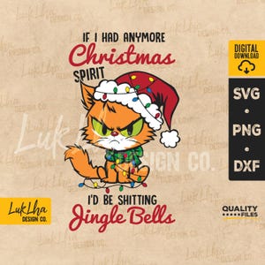 Może przedstawiać: Komiksowa postać kota w czerwonym kapeluszu Świętego Mikołaja z choinkowymi światełkami wokół szyi i zielonym szalikiem. Kot ma zły wyraz twarzy i jest otoczony choinkowymi światełkami. Tekst brzmi "Gdybym miał więcej świątecznego ducha, srałbym dzwonkami".