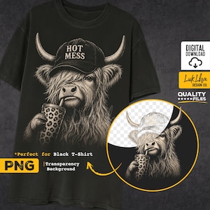 Hot Mess Highland Cow PNG, Highland Cow Coffee, Country Farm Animal, Western Cowgirl Sublimation, Download digitale