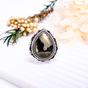 Hammered Sterling Silver Pyrite Ring: Adjustable Gemstone Jewelry