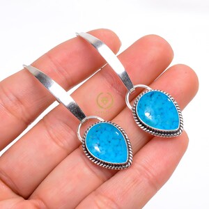 Handmade Long Turquoise Earrings: 925 Sterling Silver Gemstone