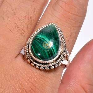 Adjustable Pear Malachite Ring: Handmade 925 Sterling Silver