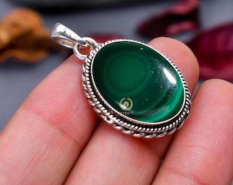 Pendentif en argent sterling 925 avec malachite naturelle : pierre verte ovale