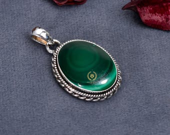 Natural Malachite 925 Sterling Silver Pendant: Oval Green Stone - Etsy