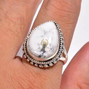 Adjustable Pear Howlite Ring: Sterling Silver Statement Jewelry