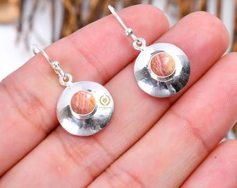 Handmade Rhodochrosite Earrings: Sterling Silver Hook Wire, Pink Gemstone