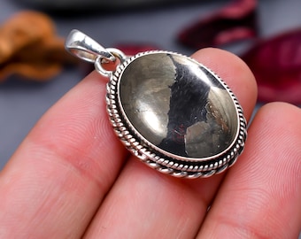 Handmade Golden Pyrite Pendant: 925 Sterling Silver Oval Gemstone
