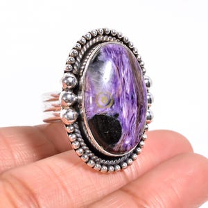 Adjustable Charoite Ring: Sterling Silver Statement Ring, Size 5-9