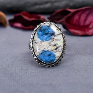 Natural K2 Jasper Ring: Oval Azurite, 925 Sterling Silver, Adjustable Statement Ring